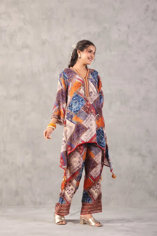 embellished aline top with straight pants. Co-ords
