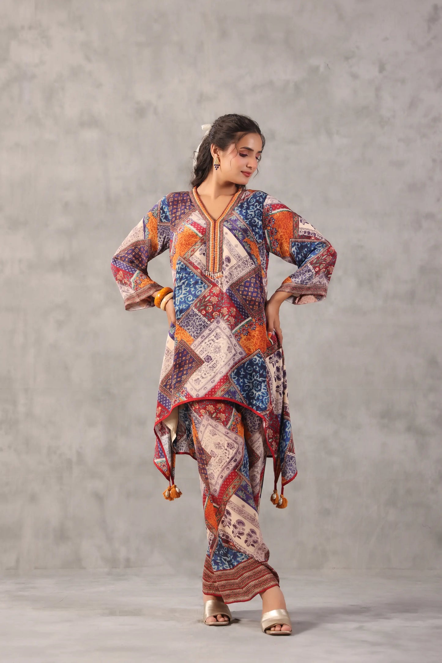 embellished aline top with straight pants. Co-ords