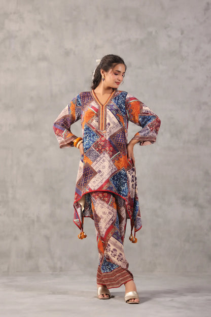 embellished aline top with straight pants. Co-ords