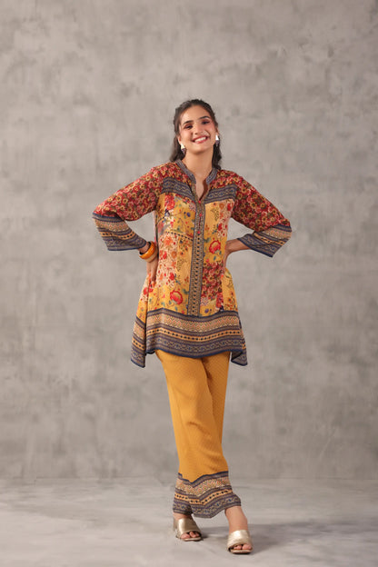 embellished aline top with straight pants. The ethnic Co-ords.