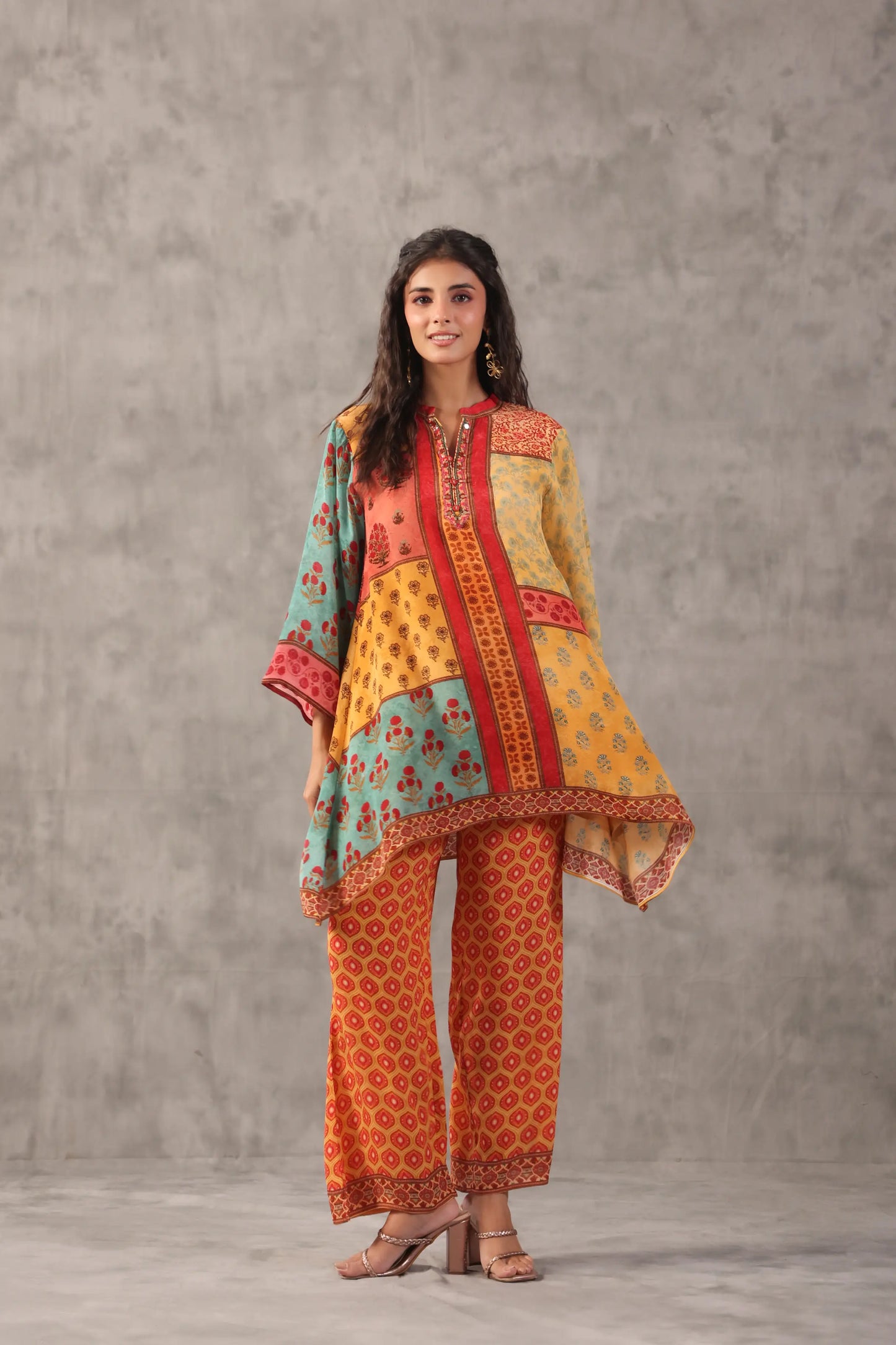 embellished aline top with straight pants. The ethnic Co-ords.