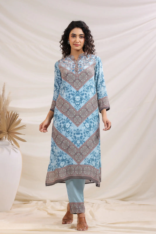 Traditional Print Straight Kurti with Pant