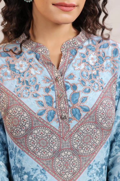 Traditional Print Straight Kurti with Pant