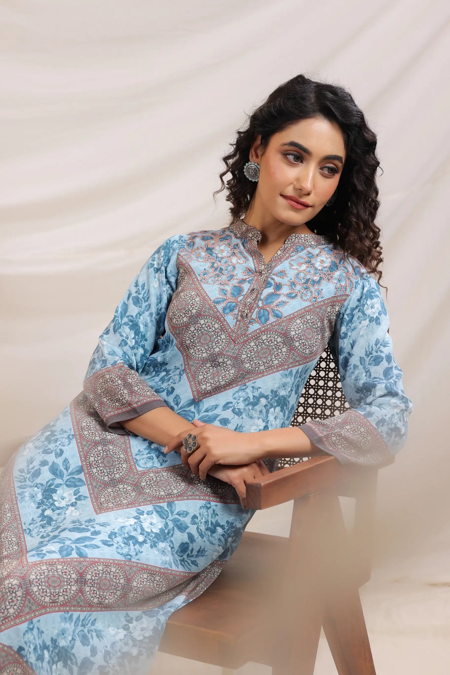 Traditional Print Straight Kurti with Pant