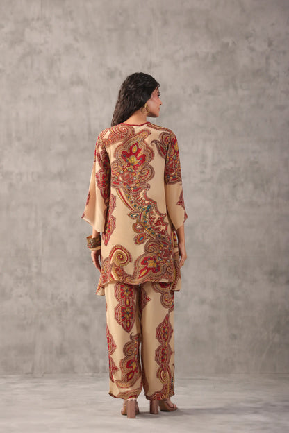 embellished aline top with straight pants. Paiseley Co-ords.