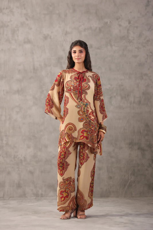 embellished aline top with straight pants. Paiseley Co-ords.