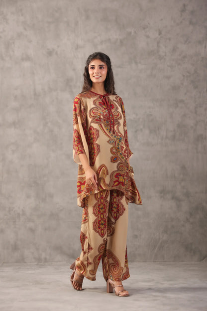 embellished aline top with straight pants. Paiseley Co-ords.