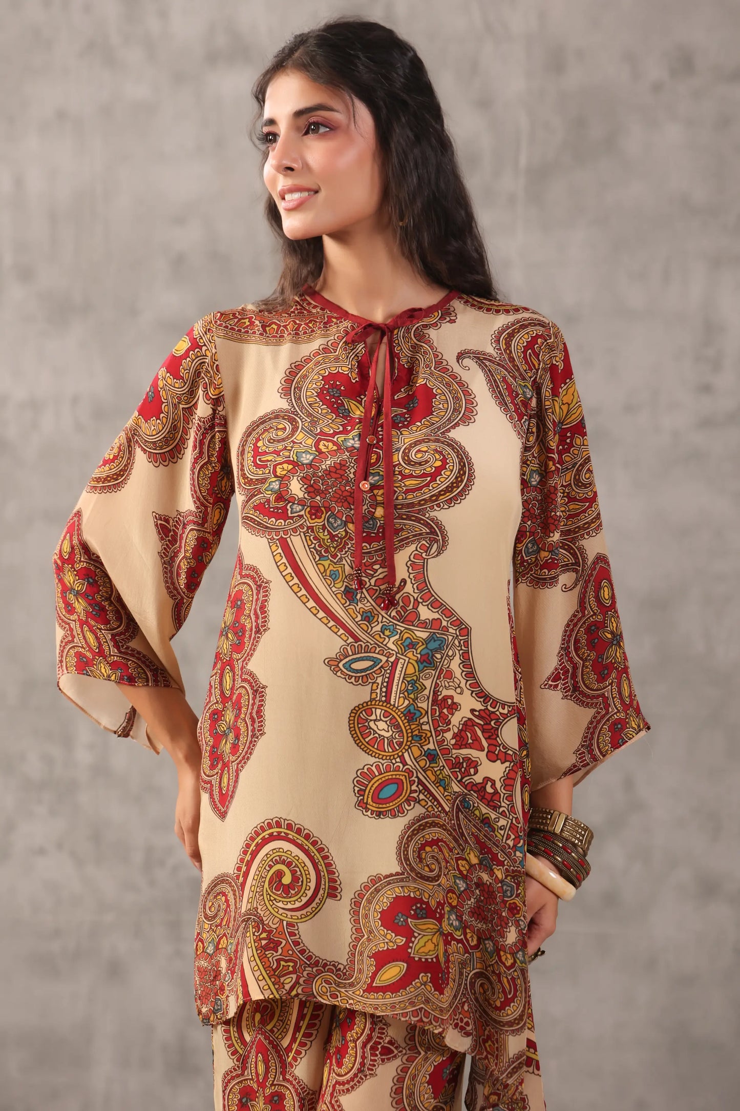 embellished aline top with straight pants. Paiseley Co-ords.