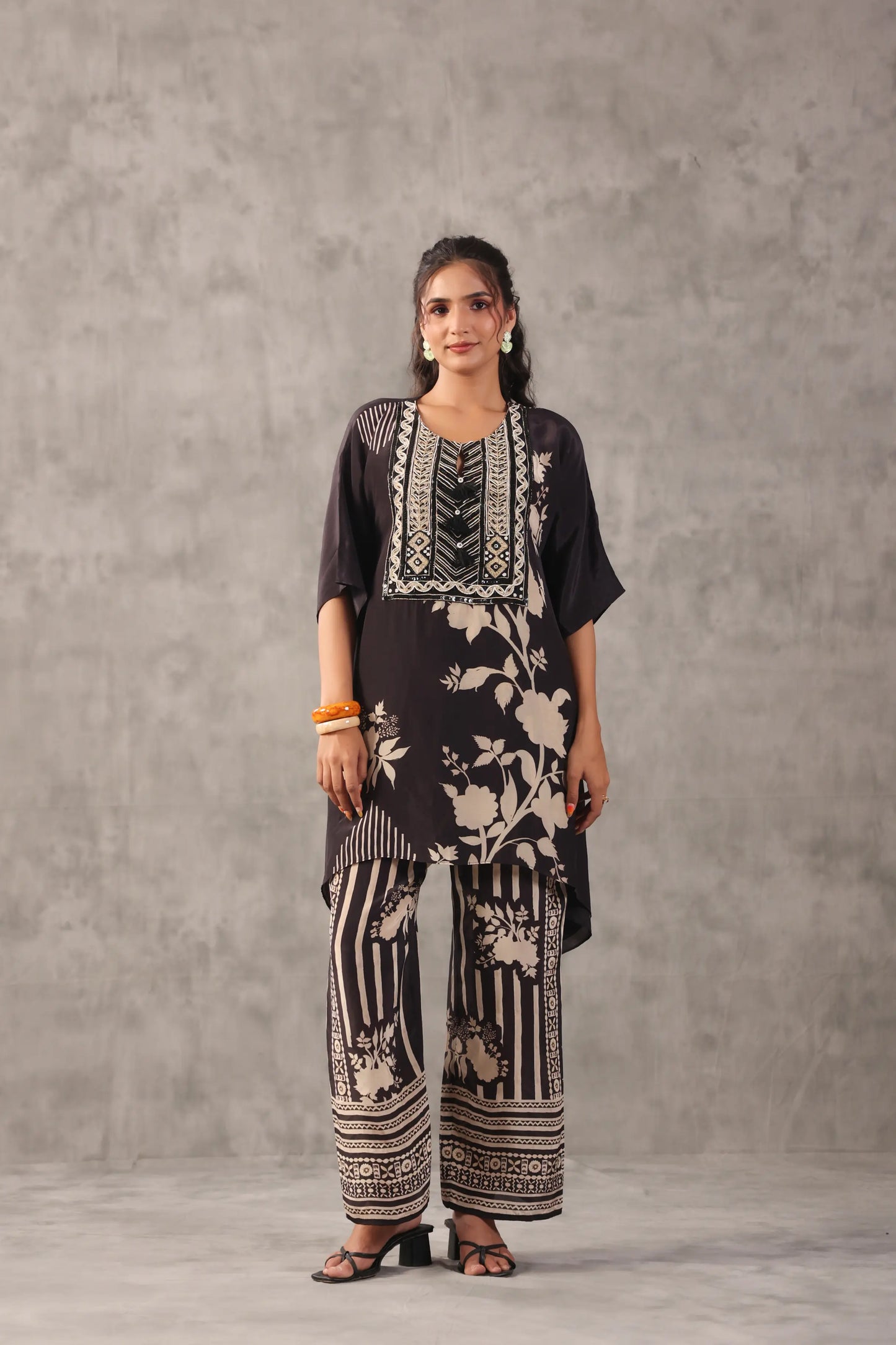 embellished aline top with straight pants. The monotone Co-ords.