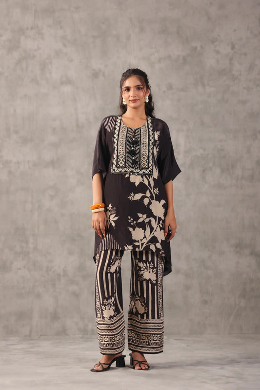 embellished aline top with straight pants. The monotone Co-ords.