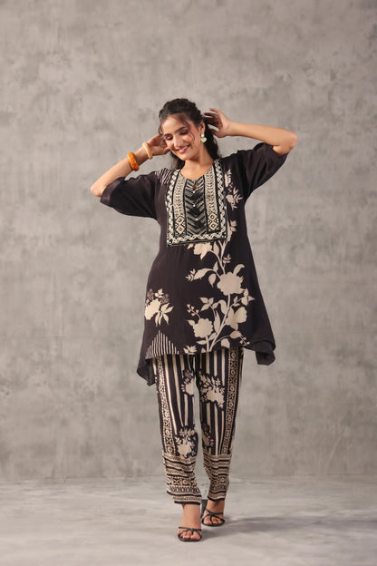 embellished aline top with straight pants. The monotone Co-ords.