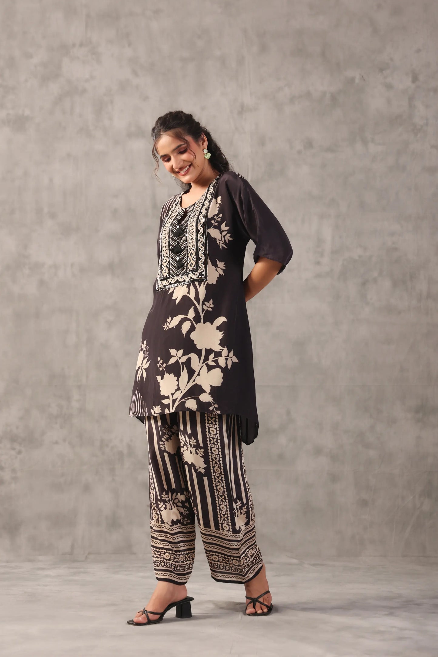 embellished aline top with straight pants. The monotone Co-ords.