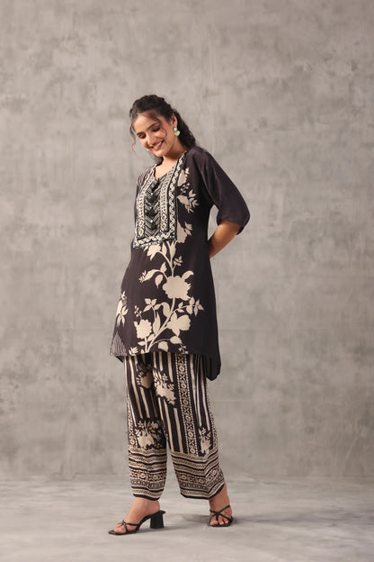 embellished aline top with straight pants. The monotone Co-ords.