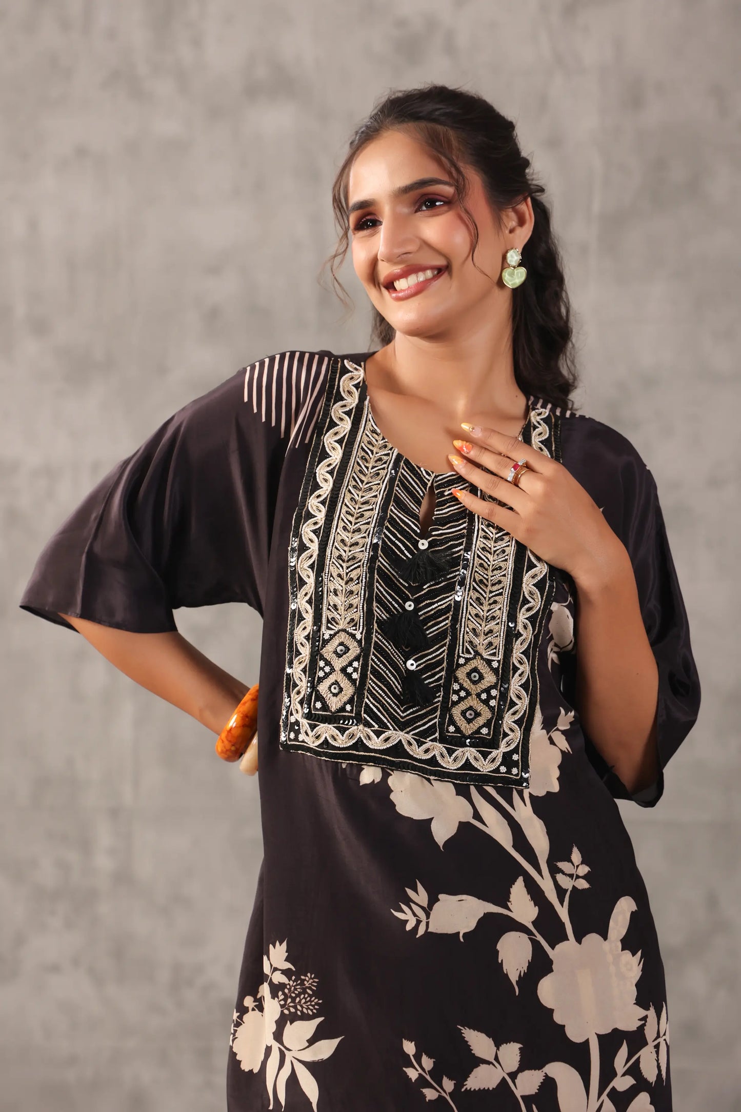 embellished aline top with straight pants. The monotone Co-ords.