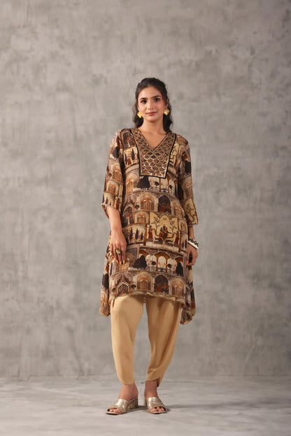 emboidered aline ethnic kurta with tulip pants