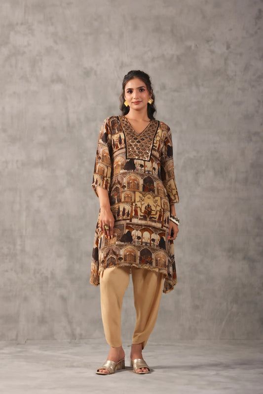 emboidered aline ethnic kurta with tulip pants