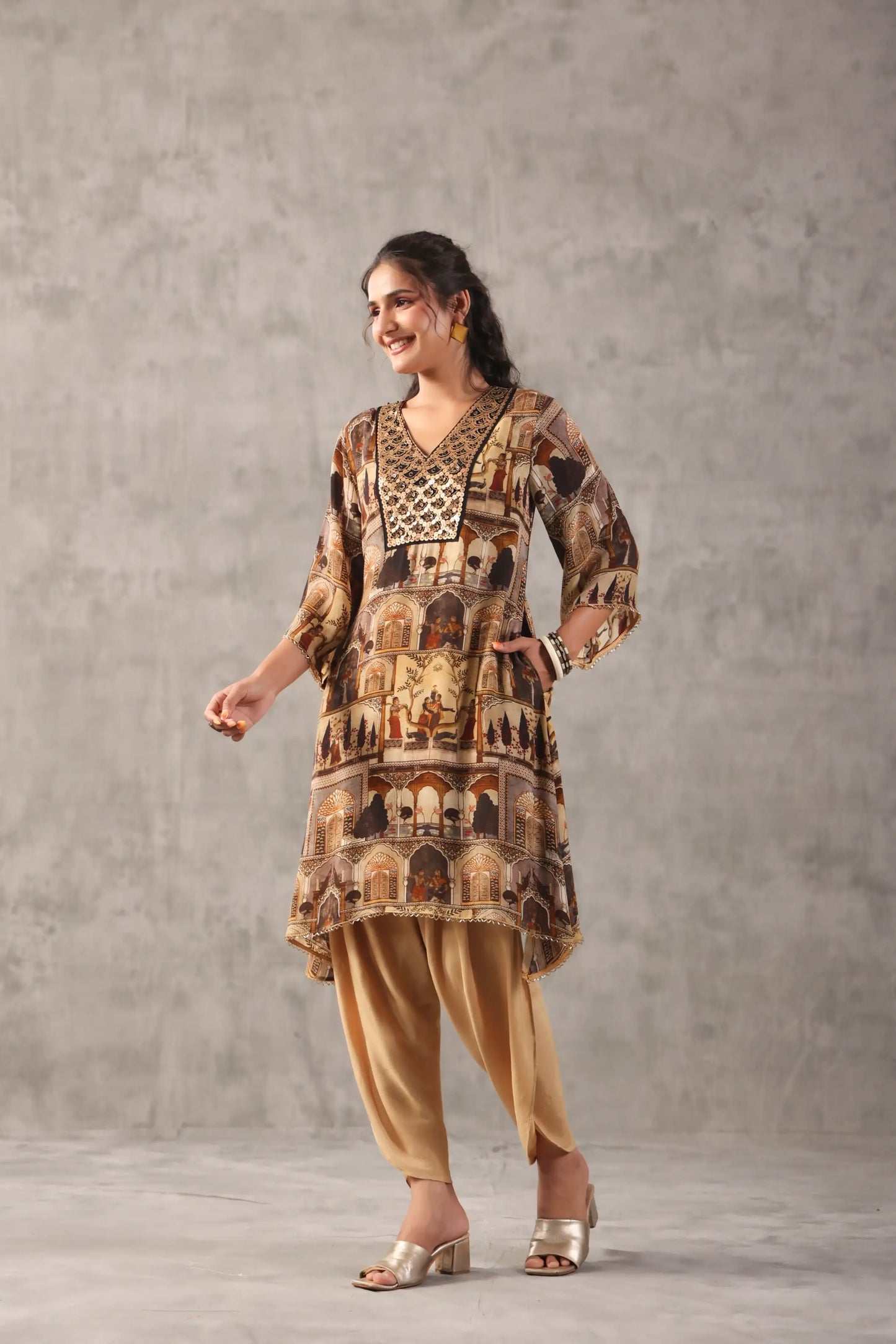 emboidered aline ethnic kurta with tulip pants