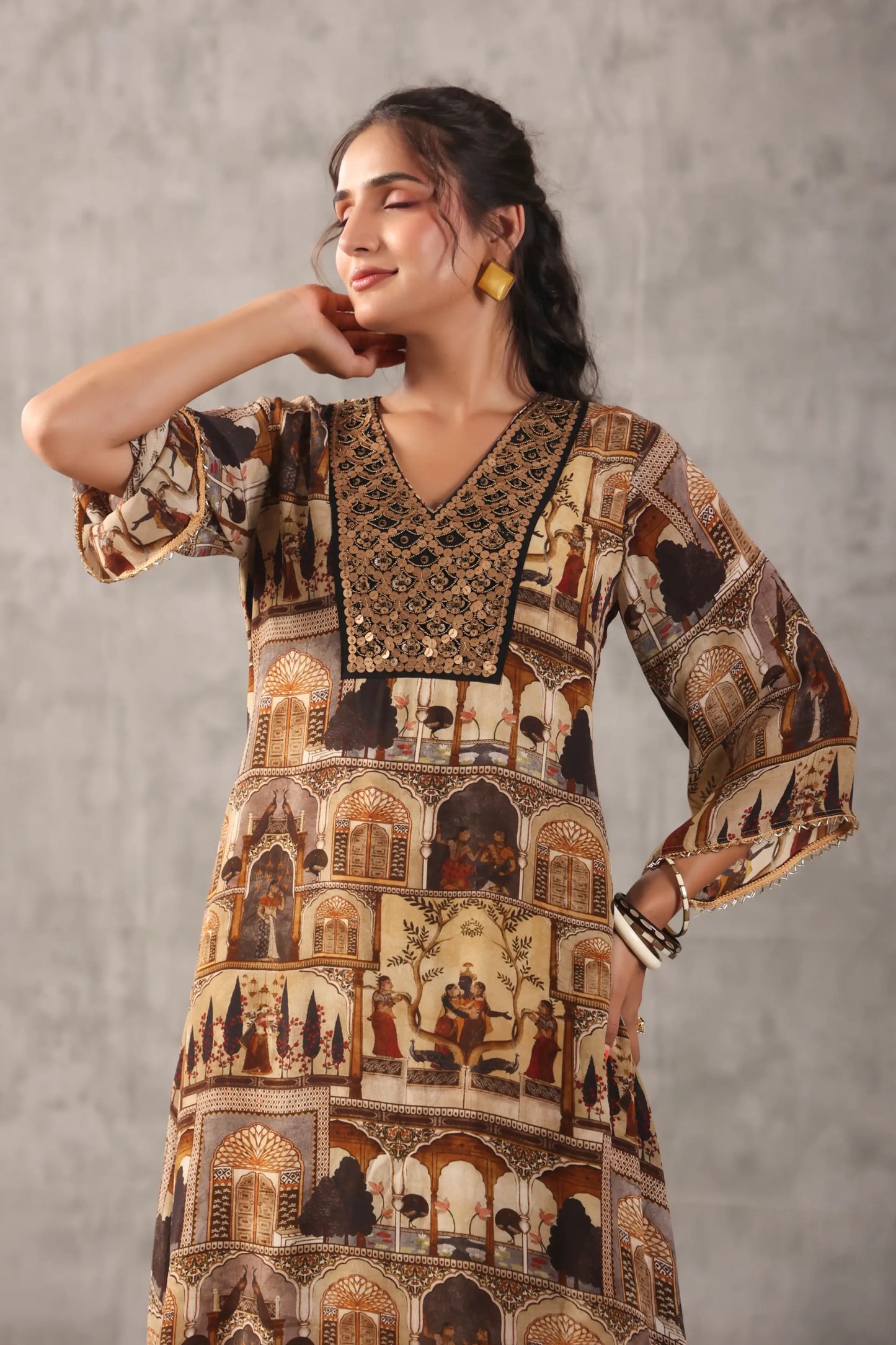 emboidered aline ethnic kurta with tulip pants