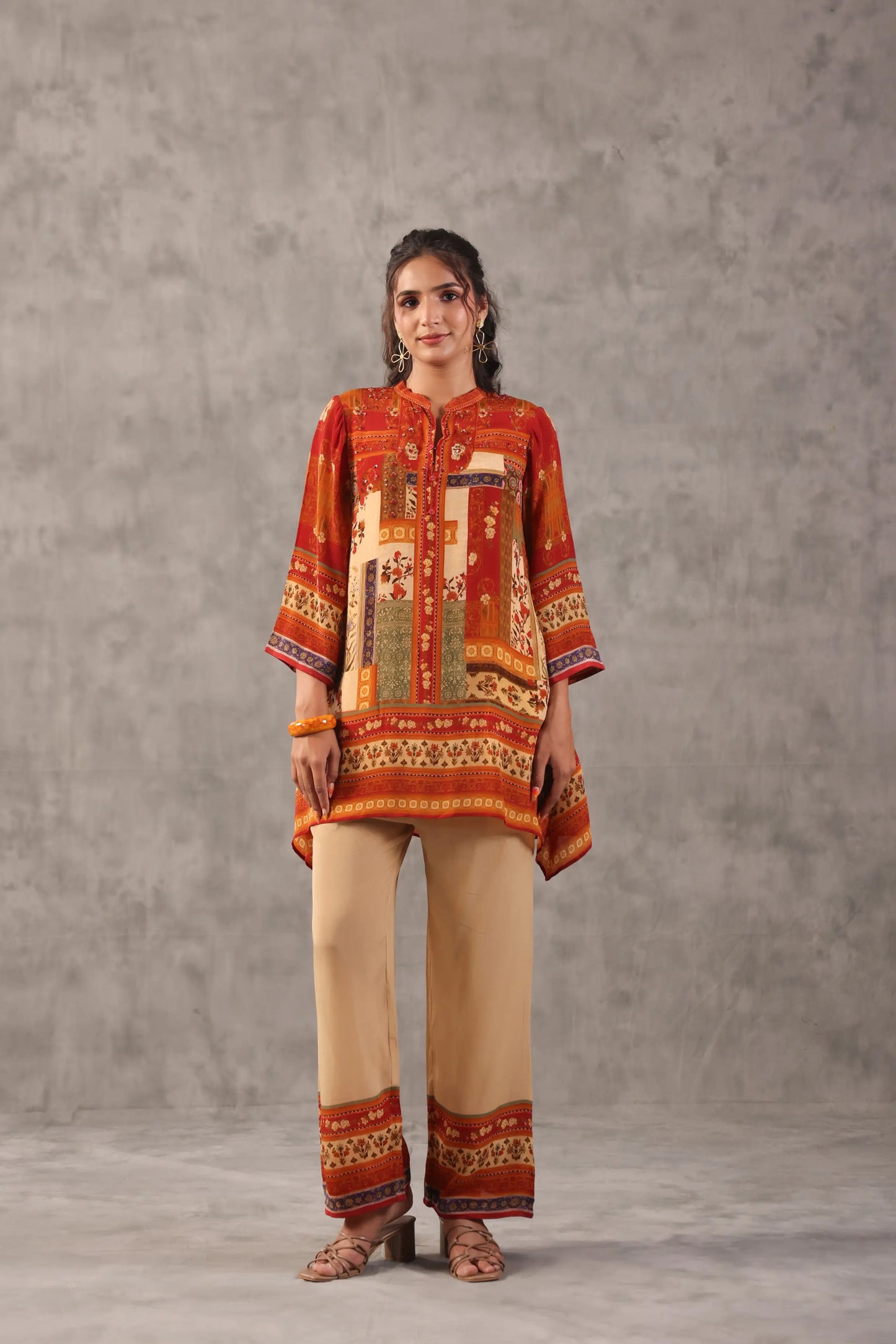 embellished aline top with straight pants. The ethnic Co-ords.
