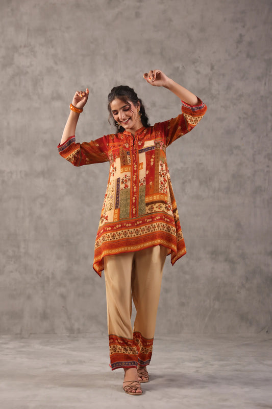 embellished aline top with straight pants. The ethnic Co-ords.