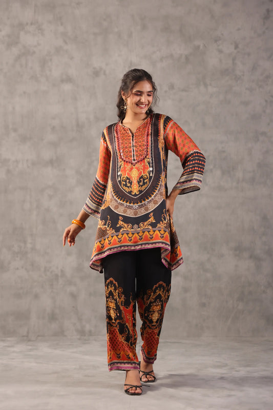 embellished aline top with straight pants. The regal Co-ords.