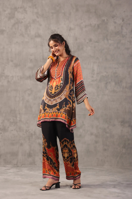 embellished aline top with straight pants. The regal Co-ords.