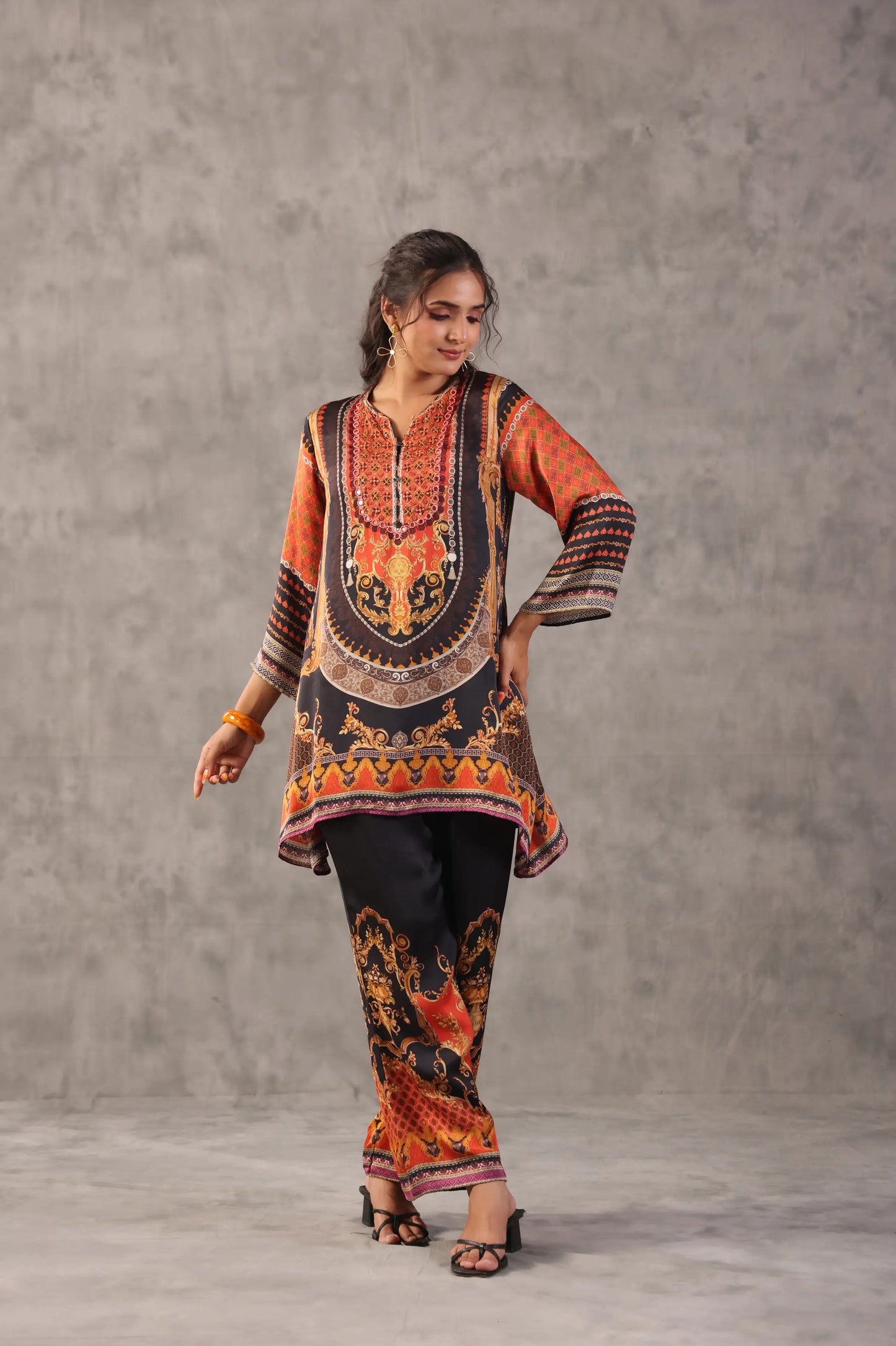 embellished aline top with straight pants. The regal Co-ords.