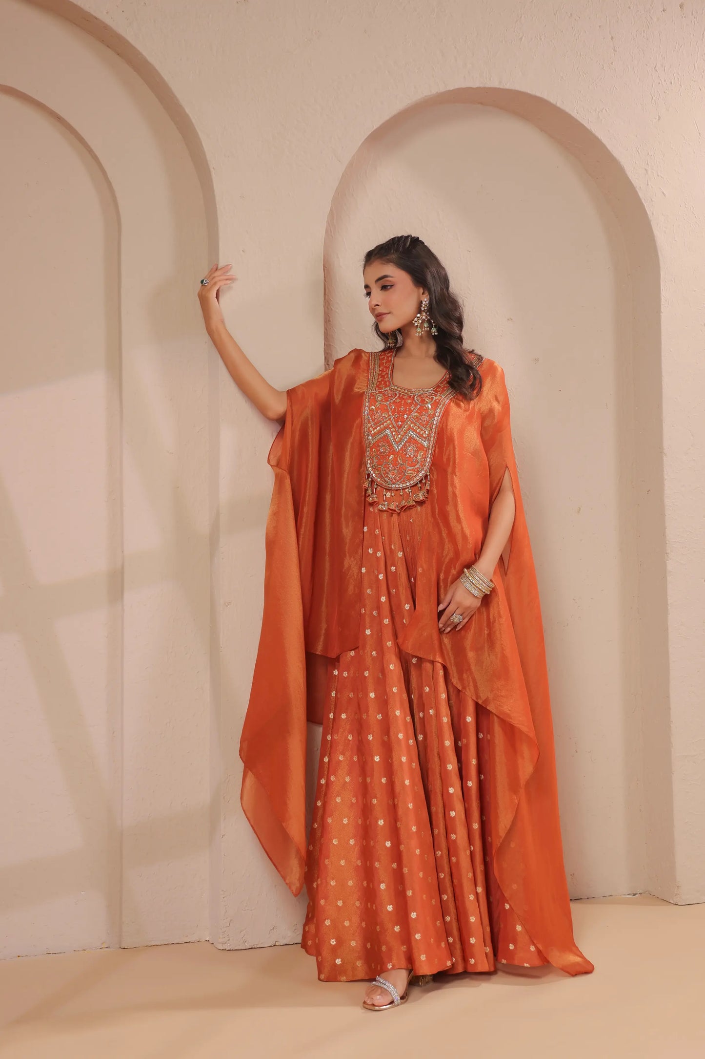 2 Piece hand emboidered bodice, flared top with banarasi skirt-palazzo