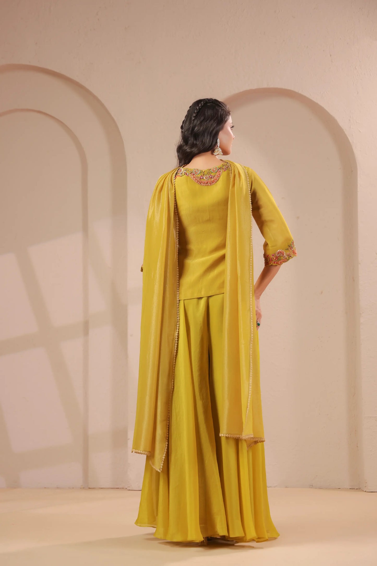 Scallop emboidered top with drape dupatta & skirt palazzo