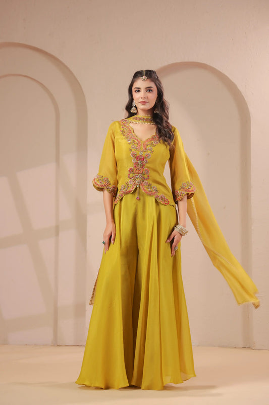 Scallop emboidered top with drape dupatta & skirt palazzo