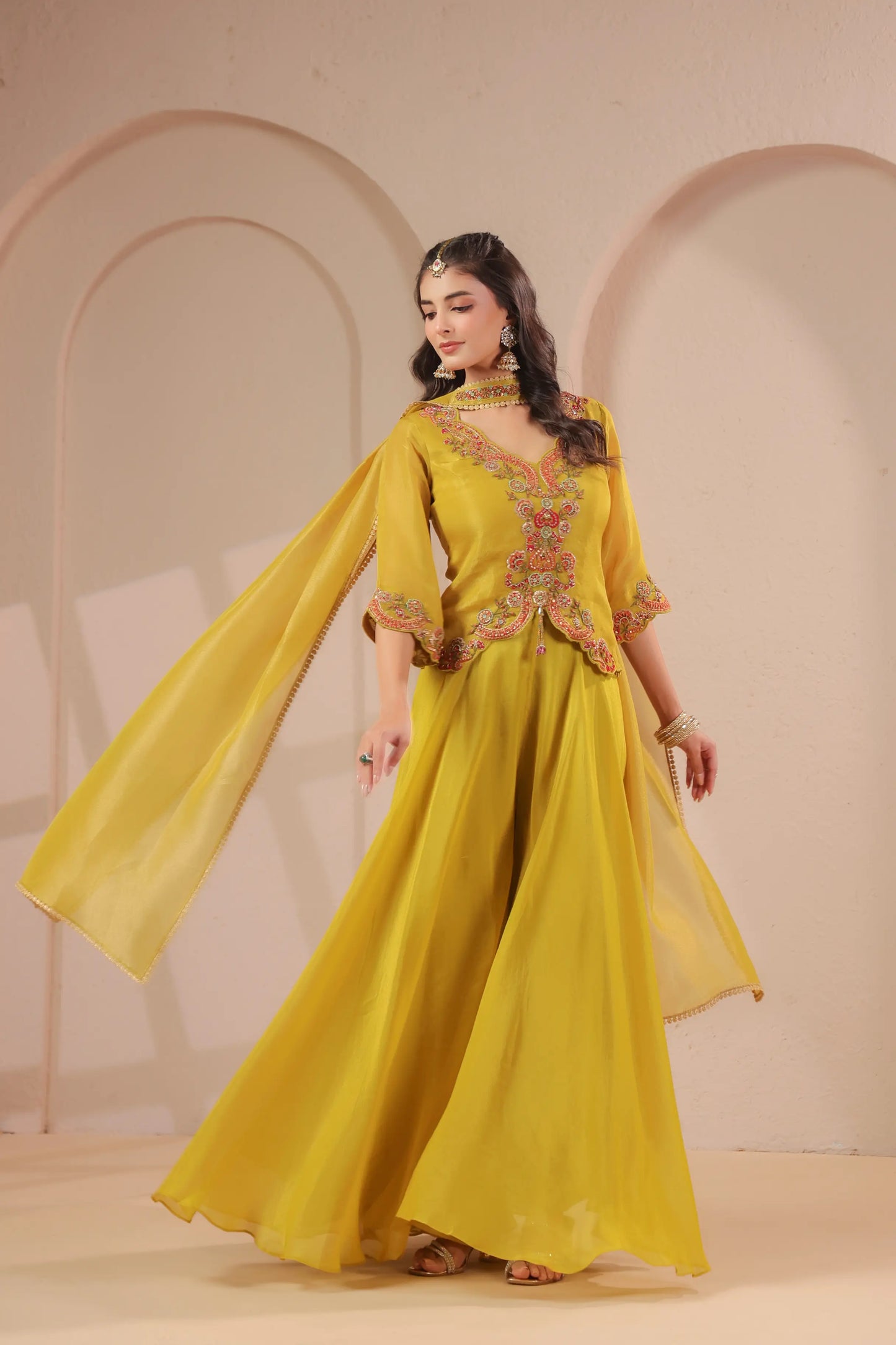 Scallop emboidered top with drape dupatta & skirt palazzo