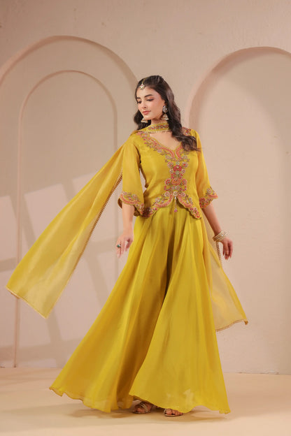 Scallop emboidered top with drape dupatta & skirt palazzo