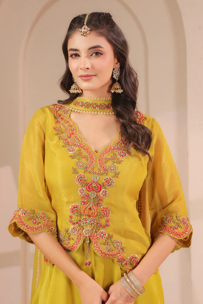 Scallop emboidered top with drape dupatta & skirt palazzo