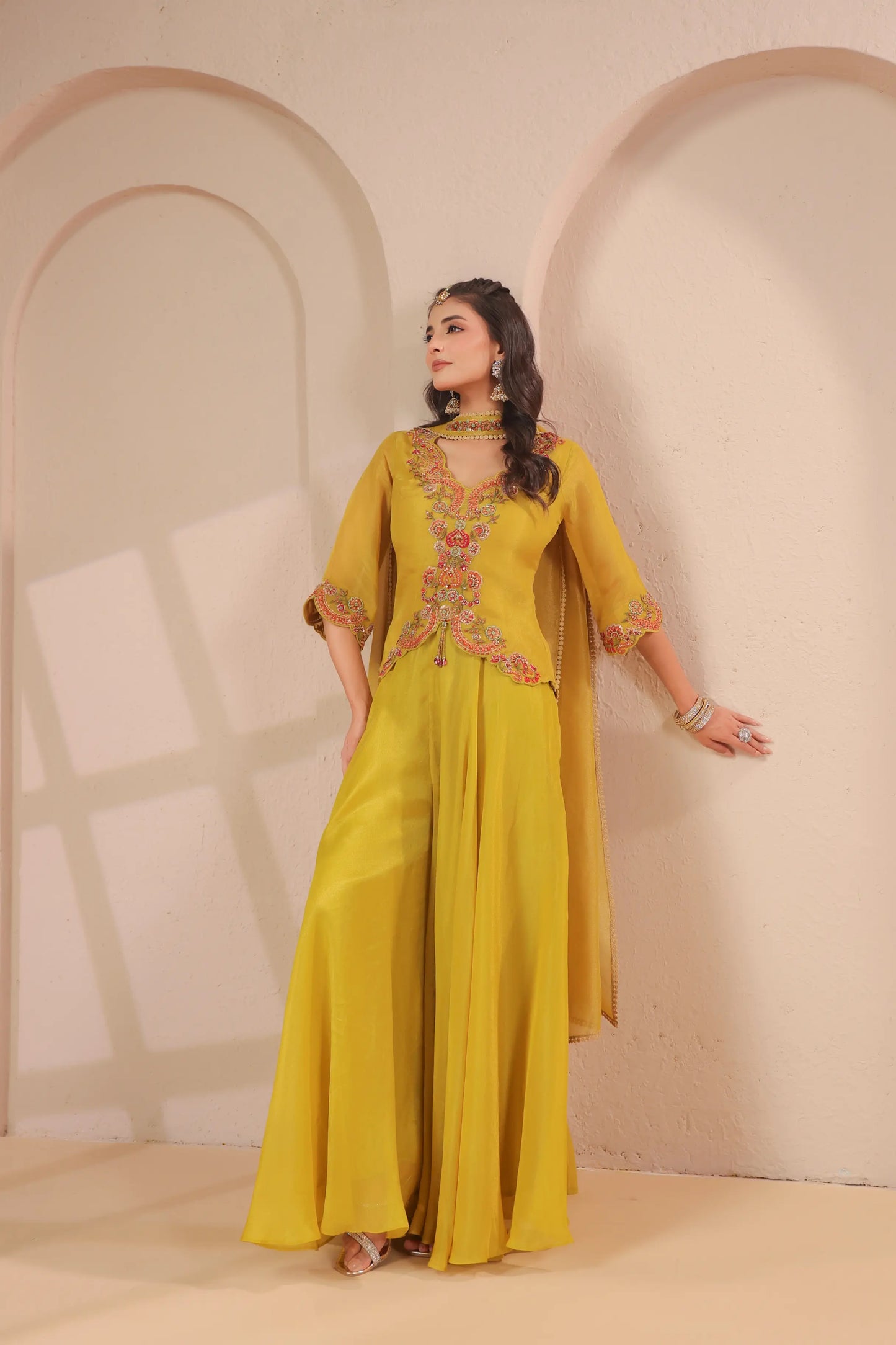 Scallop emboidered top with drape dupatta & skirt palazzo