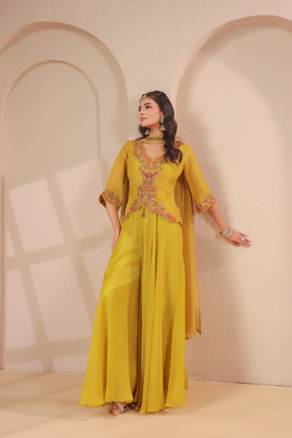 Scallop emboidered top with drape dupatta & skirt palazzo