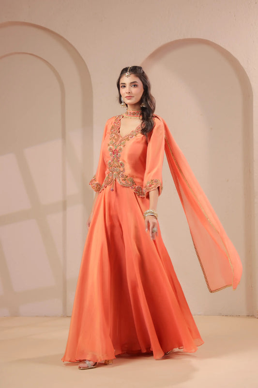 Scallop emboidered top with drape dupatta & skirt palazzo