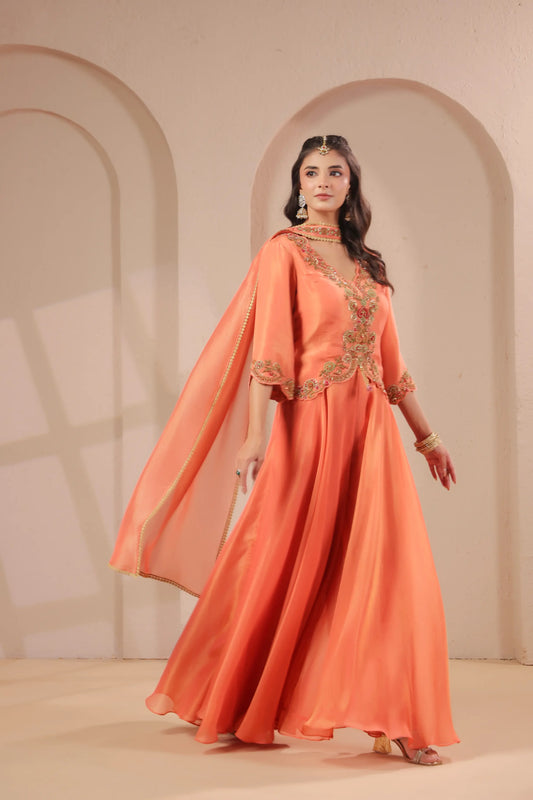 Scallop emboidered top with drape dupatta & skirt palazzo