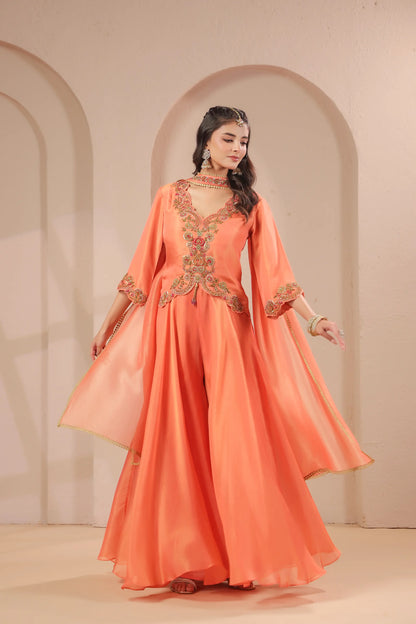 Scallop emboidered top with drape dupatta & skirt palazzo