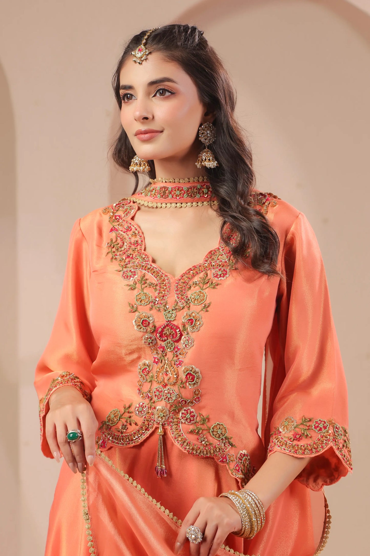 Scallop emboidered top with drape dupatta & skirt palazzo