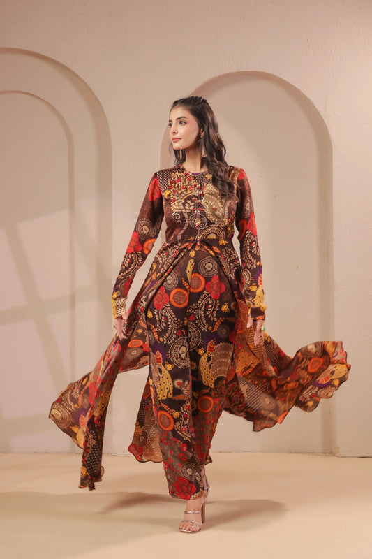 2 Piece Embroidered Printed Top wth Staright Pant
