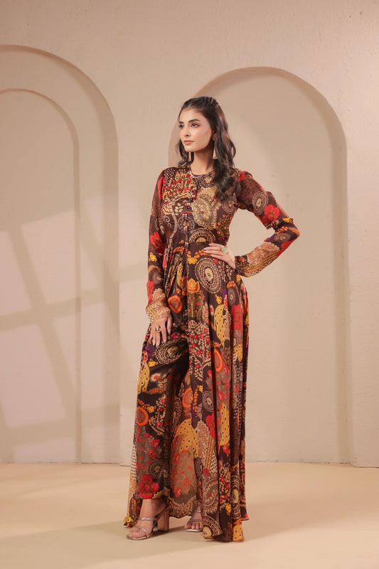 2 Piece Embroidered Printed Top wth Staright Pant