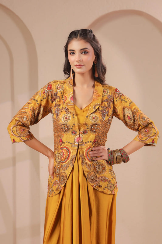 Beautiful hand Embroidered jacket with bustier and Drape Skirt