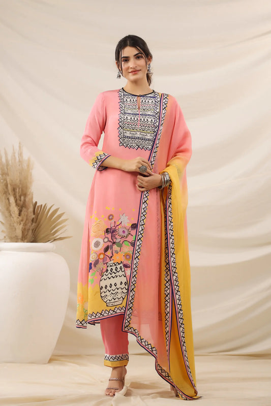 Abstract Print Straight Kurti with Pant and Printed Dupatta