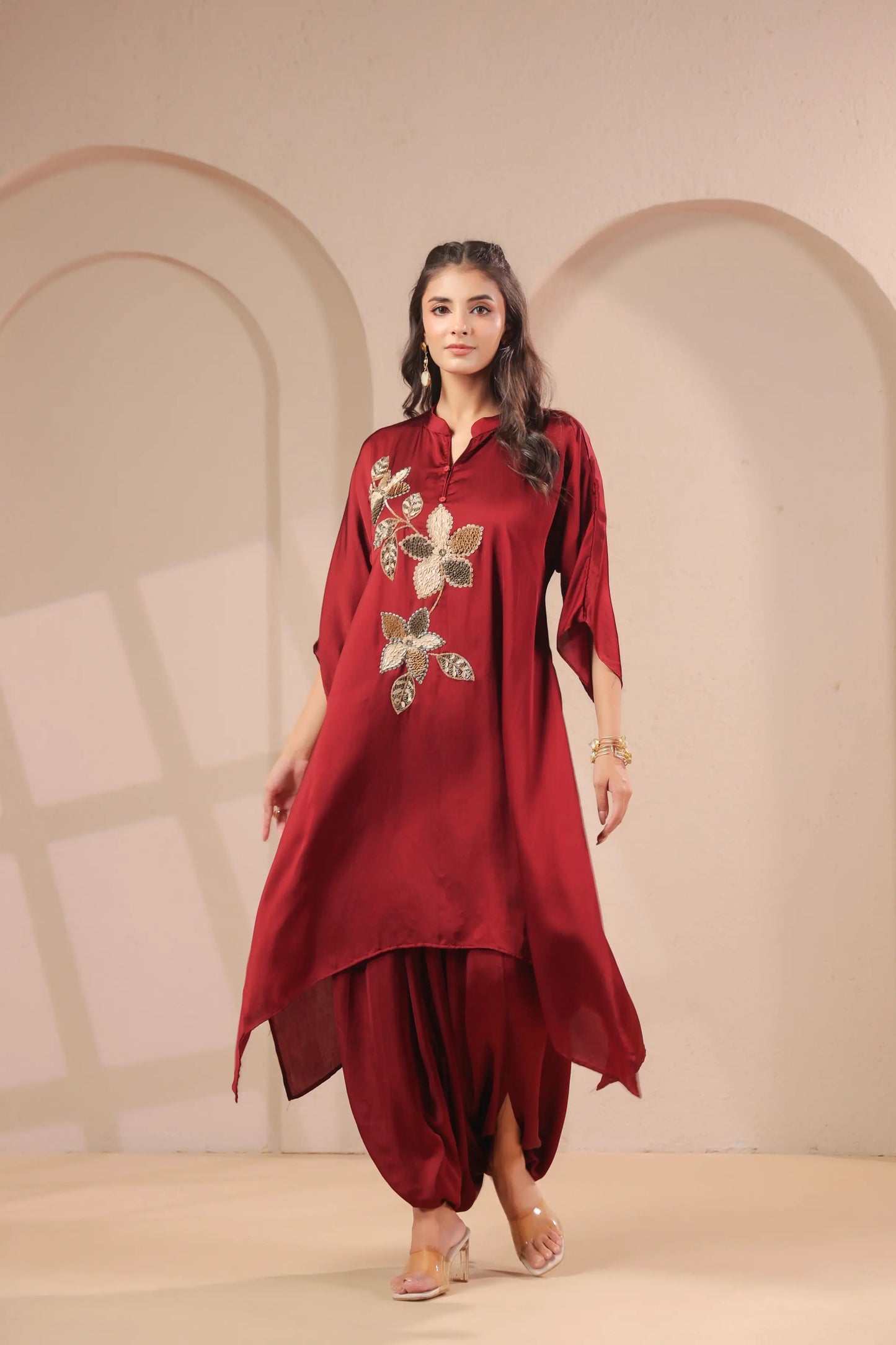 Hand emboidered hi-lo kurti with dhoti pants