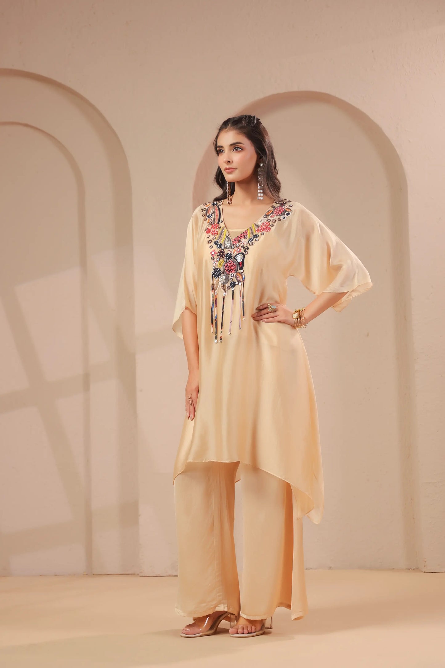 Hand emboidered aline kurta with inner and pallazo