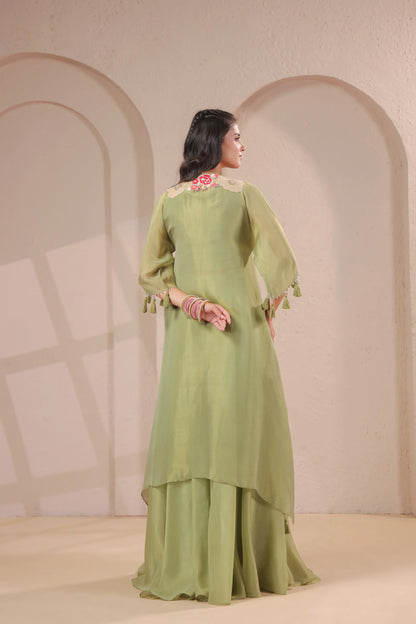 3 piece Hand emboidered kurta with bustier and skirt-palazzo