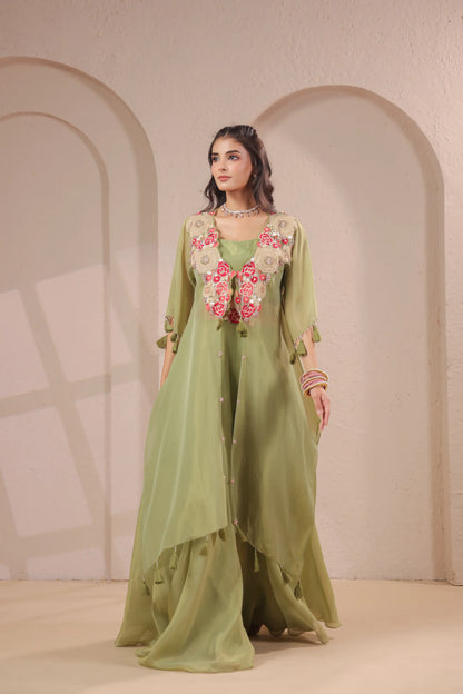 3 piece Hand emboidered kurta with bustier and skirt-palazzo