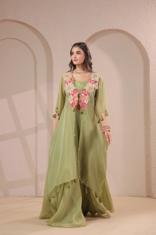 3 piece Hand emboidered kurta with bustier and skirt-palazzo