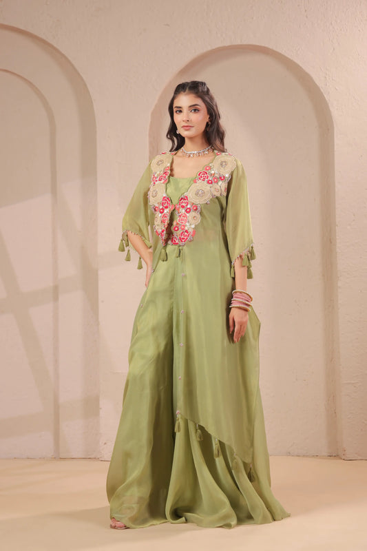 3 piece Hand emboidered kurta with bustier and skirt-palazzo