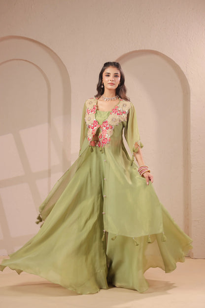 3 piece Hand emboidered kurta with bustier and skirt-palazzo